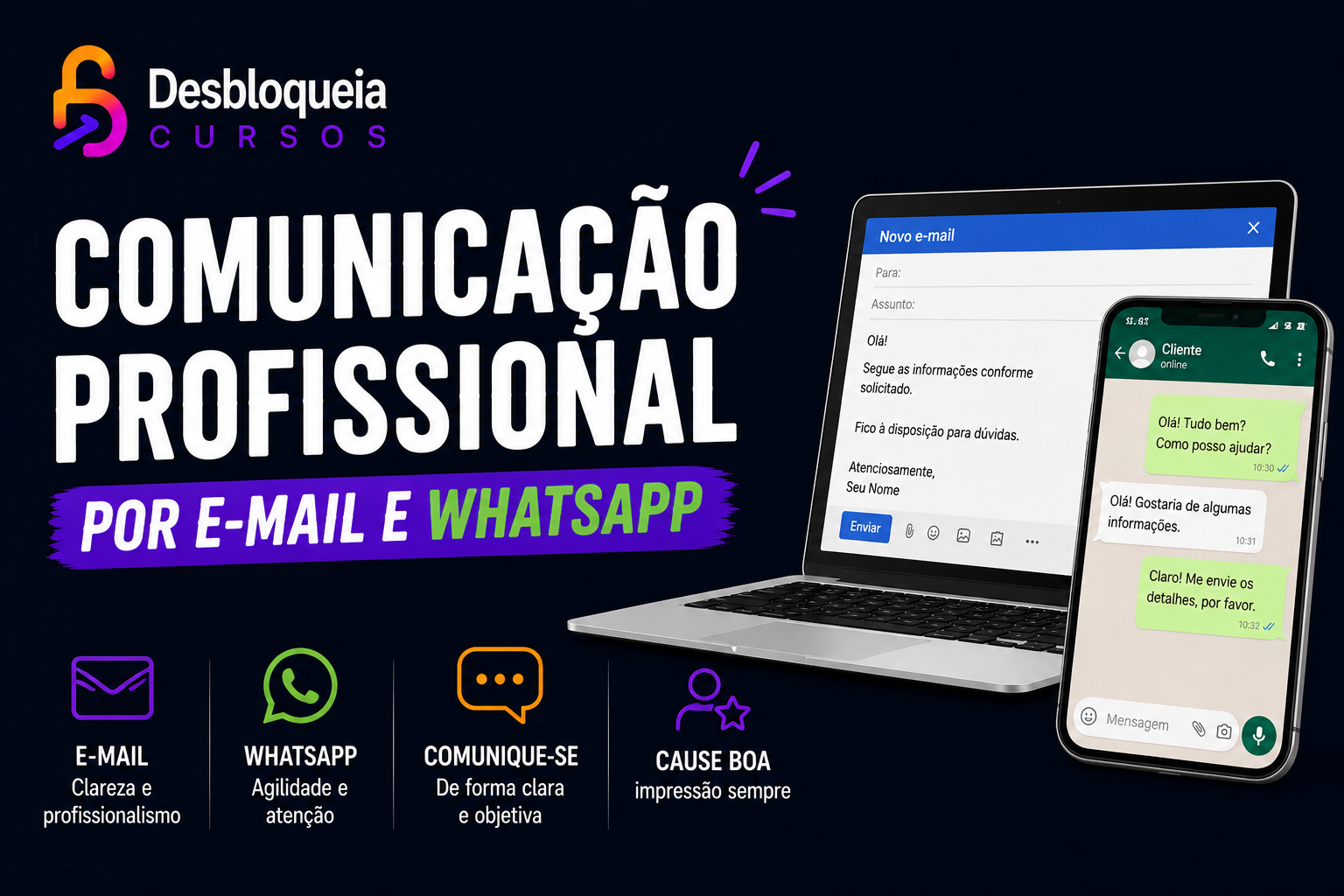 Comunicação profissional por e-mail e WhatsApp